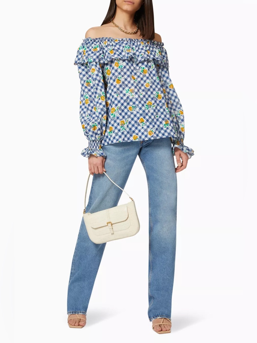 Rixo London Birdie Top Blue Gingham Off-Shoulder Floral Blouse - Picture 1 of 5